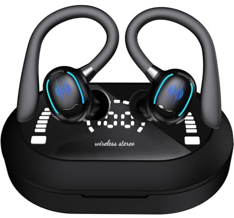 Bitstik Sports Wireless Headphones Bluetooth 5.3 Earbuds LED Power Display Charging Case Stereo Headset with Earhook Over-Ear Earphones with HD Mic for Games Esports Running Workout