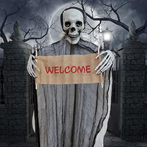 VOPIWOZ 150cm Aufhängbar Halloween Skelett Deko Mit dem Welcome in der Hand Spooky Scary Skeletons Geeignet für Halloween Deko Outdoor Easy to Create a Scary Atmosphere