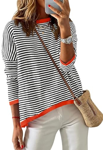 Chicrise Jersey Muje Rayas Cuello Redondo Suelto Sueter Casual con Bloques De Color Moda Camiseta Manga Larga Punto Negro/Blanco/Rojo Pequeño 34-36