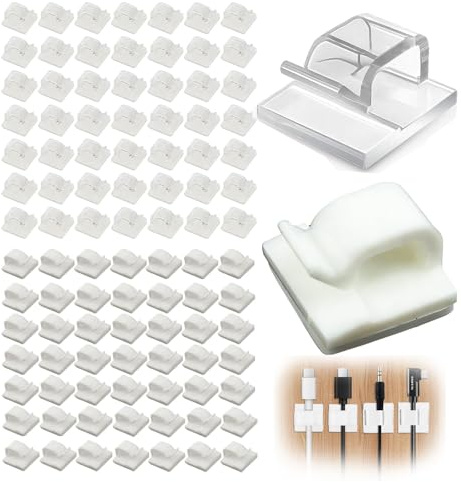100 Pieces Self Adhesive Cable Clips, Cable Management Tidy Clips, Cable Holder Clips, Stick on Cable Clips, White Plastic Cord Management Clips for Office, Stage, Outdoor Scene, Car and Home