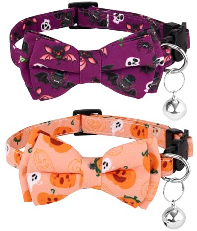 2stk Halloween-Katzenhalsband mit Glöckchen, Katzenhalsband mit Abnehmbarem Verstellbarem Katzenhalsband mit Schleife Katzenhalsband Halloween-Dekorationszubehör für Katzen und Hunde