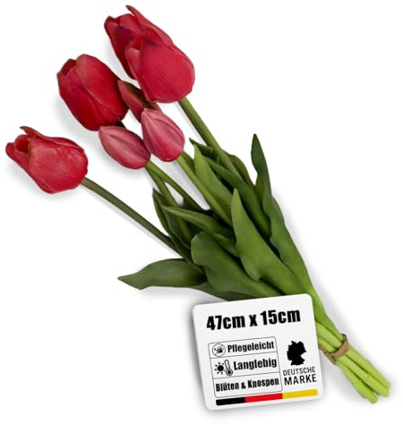Botanic-Haus künstliches Tulpenbündel/künstlicher Tulpenbund Sandy lang mit 4 Tulpen und 3 Tulpenknospen Farbe: Beauty real Touch, erfrischende künstliche Blumen für Ihre Frühjahrsdeko