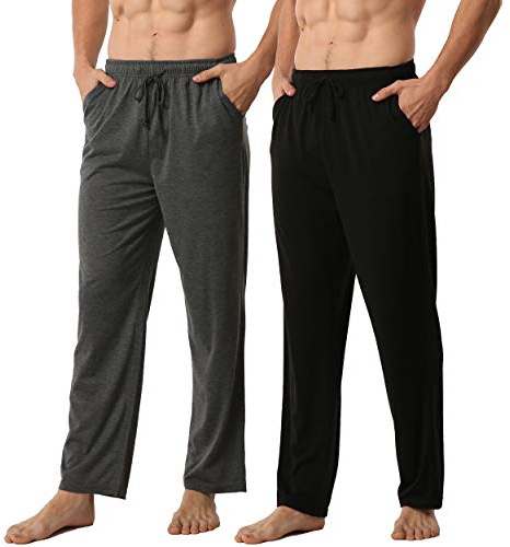 BEGIANT Lot de 2 pantalons de pyjama longs doux et légers en tricot pour homme - Pantalon de pyjama - Pantalon de couchage - Pantalon de loisirs avec poches et cordon de serrage - Taille élastique