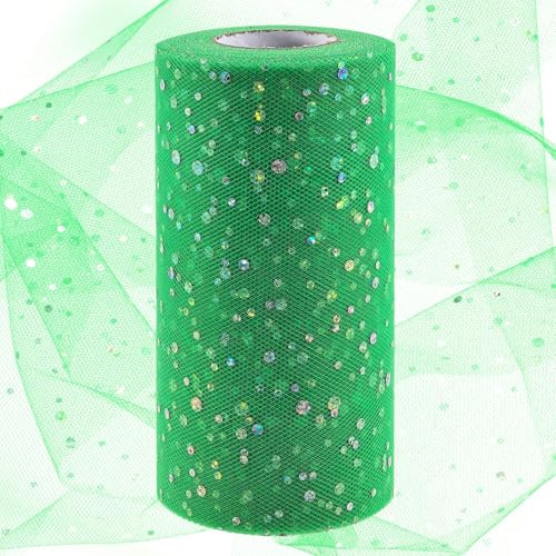 Swpeet 15 cm x 127 meter gräsgrön glitter tyll tygrulle, tygspole glittrande tyllband, nät polyesterspole för gör-det-själv födelsedagsfest bröllopsdekorationer julhantverk tillbehör
