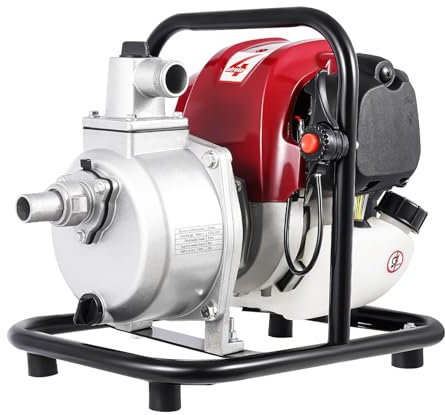 Bensin vattenpump 1 200 W 8 000 l/h, 30 m flödeshöjd, 38 cc trädgårdspump smutsvattenpump med en enda cylinder, luftkyld 4-taktsmotor och 7 m sughöjd, dragstart, bensinpump metallfot, bärhandtag