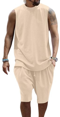 PRIVIMIX Herrlinne och shorts set sommardräkt 2-delat shorts och ärmlös T-shirt ledig outfit M-3XL, Beige, XXL