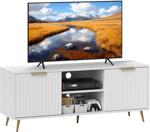 HOMCOM Modern TV Stand Cabinet for TVs up to 55, TV Unit with 2 Open Shelves and 2 Cabinets, Entertainment Centre with Cable Management for Living Room, White