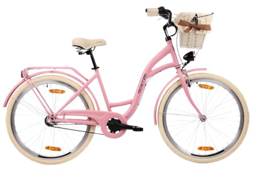 Goetze Style Damen Citybike 26/28 Zoll, Retro Fahrrad mit 3-Gang | 17/18 Zoll Tiefeinsteiger, Shimano Nexus Nabenschaltung mit Rücktritt, LED-Beleuchtung, Rattankorb, Gepäckträger & Klingel