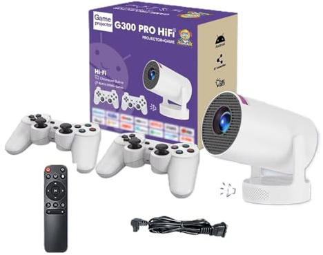 Générique Projecteur de jeux HY300 Pro HiFi 2 en 1 Puce professionnelle Projecteur Android avec 2 contrôleurs de jeux sans fil 20 000+ jeux