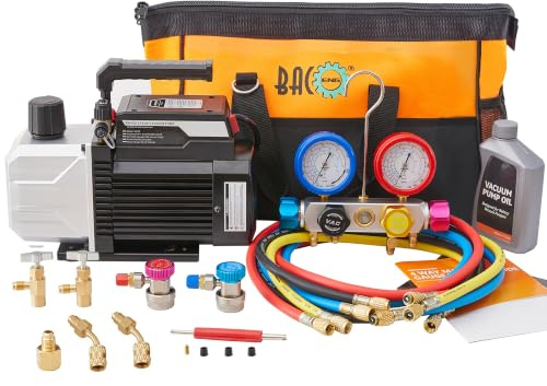 BACOENG 4.5 CFM Vakuumpumpe Klimaanlage Set für HVAC/Auto AC Kältemittelaufladung, 4 Wege Klimaanlage Befüllen Manifold Gauge Set Ideal für R32 R134A R410A