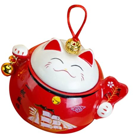 NAMOARLY Decorative Tea Cat Canister Ceramic Mini Storage Jar Red Feng Shui Lucky Cat Money Storage Container for Home Office