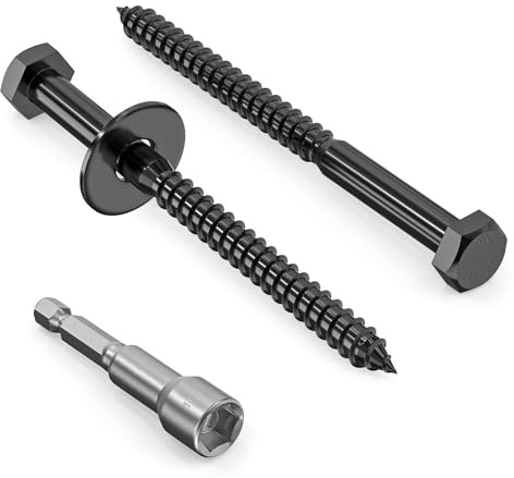 Valorada Lot de 20 vis tire-fond M6 x 75 mm, boulons tire-fond robustes en acier inoxydable 304, vis à bois à tête hexagonale, filetage partiel en oxyde noir, avec rondelles et foret à six pans creux