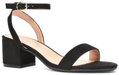 ESSEX GLAM Women's Low Block Heel Sandal Ladies Black Faux Suede Open Toe Strappy Ankle Strap Dress Shoes Size 4