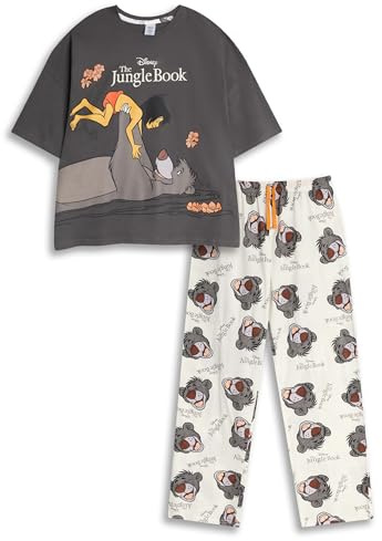 Disney Pyjama Le Livre de la Jungle pour Femme, Noir et Blanc cassé, Manches Courtes et Jambes Longues Dessin animé avec Baloo et Mowgli détente | Produits dérivés