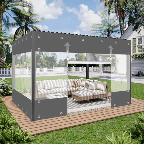 Lona transparente, lona de PVC de 650 g/m², cortina para exteriores con cremallera, lona impermeable, protección contra el viento y la lluvia para cenadores, balcones, terrazas (gris, altura 3 m x