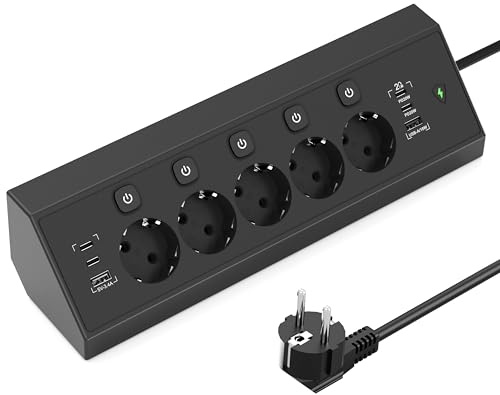 Sixiol Hörn Grenuttag med USB C 20W, 5-vägs Flera Uttag med Individuella Strömbrytare, Bordsuttag med 4USB C och 2USB A, Grenuttag med Överspänningsskydd, Hörnuttag för Kök, Kontor, 1.8M Kabel, Svart