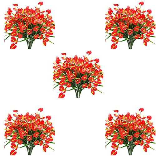 ISTOVO Flores Falsas Artificiales de 20 Racimos Plantas Anturio Falso Arbustos de Plastico Matas Verdor Jardinera Exterior Interior Decoraciones de Casa