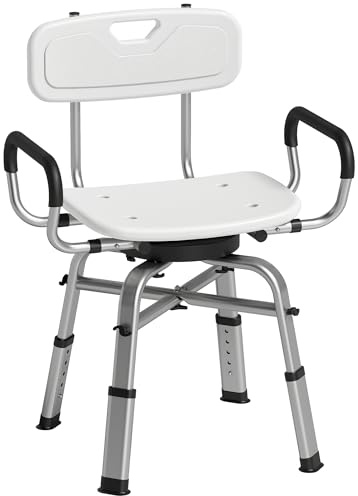 HOMCOM Sedia da Doccia Girevole 360° con Braccioli Estraibili e Schienale, Sgabello Doccia 6 Altezza Regolabile, Antiscivolo, in Lega di Alluminio, Portata 150kg, per Anziani e Disabili, Bianco