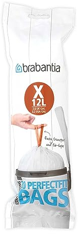 Brabantia IdealFit Bin Liners (Size X/10-12 Litre) Ideal Quality Thick Plastic Trash Bags with Tie Tape Drawstring Handles (20 Bags), White