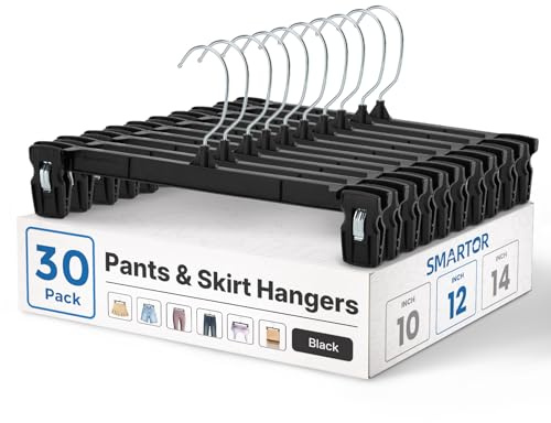 Smartor Pants Hangers - 30 Pack, Black Clips Hangers with 360° Hooks, Shorts Hanger with Strong Clamps, Dress, Heavy Duty as Trousers, Skirt, Jeans, Towel and Bottom Clothes -12 Inch