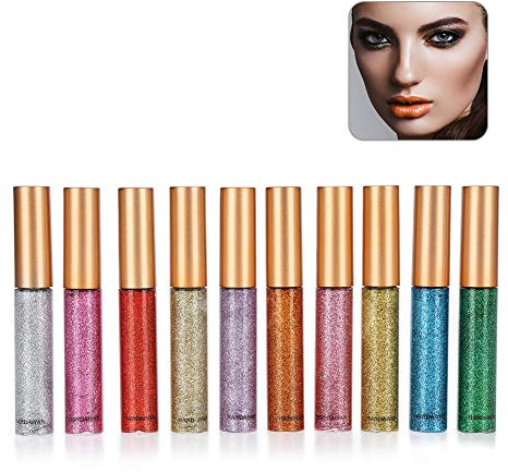 Glitter Eyeliner, Paillettes Métalliques Liquides, 10 Couleurs Set Brillant Outil de Maquillage Oculaire Professionnel Durée Élégante
