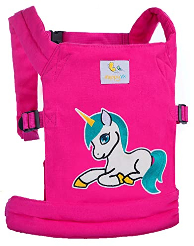HappyVk-Puppentrage- Puppenzubehör - Süße Einhorn Stickerei - Rosa | Bequeme, verstellbare und gepolsterte Tragegurte, Tragevarianten für Bauch und Rücken, Zubehör für Reborn-Babypuppen