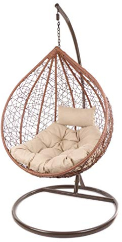 KIDEO Komplettset: großer Hängesessel mit Gestell & Kissen, Korbsessel, Poly-Rattan (Korb & Gestell: braun, Kissen: Hellbraun Chester-Stepp (7007_capucchino))