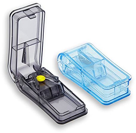 GeekerChip Cortador de Píldoras[2 piezas],Tabletas Divisorias con Abrazadera en V para Medicamentos Tabletas Pequeñas,con Pastillero,para Dividir y Transportar Medicamentos Diarios