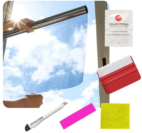 Solar Systems Fensterfolie Sonnenschutzfolie für Wärmeisolierung mit Montagekit - Anti-UV Solarfolie für Innen und Außen - Silber Spiegelfolie Selbstklebend - Hält die Wärme im Gebäude (100 x 200cm)