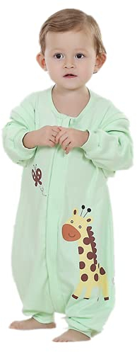 Jinchelle Baby Schlafsack mit Füßen, Abnehmbar Langarm,Kleine Mädchen und Junge Baumwolle Dünnschliff Schlafstrampler,Unisex Ganzjahres Schlafanzug. (Grün, 1-2 Jahre)