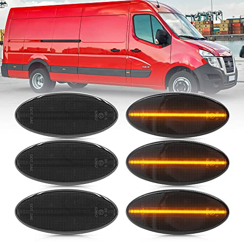 6 Stück LED Seitenmarkierungsleuchten Licht Seitenblinker kompatibel mit Re/nault Master 3 mit NV400 X62 X62B Opel Movano 2 X62 Seitenblinkerlicht Rauchglas | N/issan NV400 X62, O/pel Movano MK2 X62, vorderer Seitenblinker, getöntes Glas, amber LED, Ersatz links/rechts, 6PCS