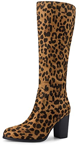 Allegra K Botas altas hasta la rodilla con tacón de bloque y punta redonda para mujer, leopardo, 39.5 EU