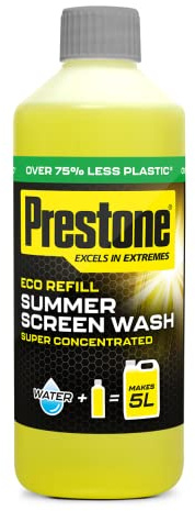 Prestone Eco Refill Summer Scheibenwischer-Konzentrat, Summer Eco Scheibenreiniger für Autos, Hochleistungsreinigung mit streifenfreier Formel, 500 ml hochkonzentrierte Scheibenreinigung, 5 l