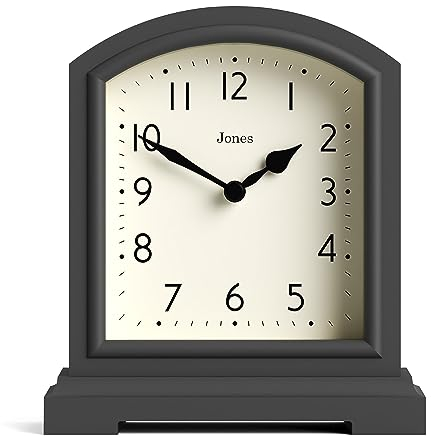 Jones Clocks® Tavern mantel clock | Modern arch top design | Dark grey | Contemporary classic style for desk, table, shelf or bedside