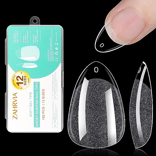 Short Almond Nail Tips - Clear Nail Tips, ZAHRVIA Soft Gel Full Cover for Soak Off Nails Extensions Kit - 192PCS False Nails Acrylic12 Sizes (Short Almond)