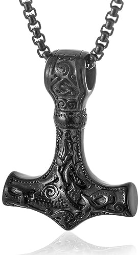 JUZICHEN Martillo De Thor, Cadena Plata Hombre, Colgante Martillo Thor, Cadena Runas Vikingas Amuletos De Proteccion Hacha Vikinga, Vikingos Collar Plata Oro Negro, 60 Cm