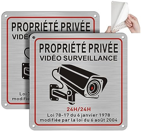 DAOUZL Panneau Camera Surveillance, Propriété Privée sous Surveillance Vidéo, Vidéo Surveillance Panneau 15x 15cm, Intérieur/Extérieur, Aluminium, avec Autocollant et Trous Pré-percés (2) SJA270