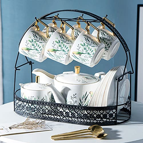 HWSY Utility Vintage Tea Cup and Saucer Set of 6 Ceramic Tea Sets for Coffee Tea with Parrot and Green Plants Pattern with Creamer and Sugar Bowl Teapots Interesting