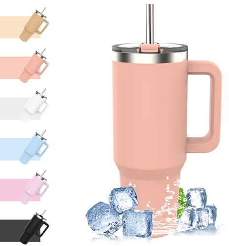 WATERSY 40oz Kaffeebecher to Go Thermobecher Doppelwandiger Edelstahl Vakuum Auslaufsicher Trinkbecher mit Griff und Strohhalm Thermoskanne Pink