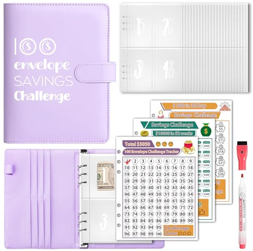 100 Envelopes Money Saving Challenge, A5 Savings Challenges Book Budget Binder with Cash Envelopes Erasable Tracker, Easy and Fun Way to Save $500 $5050 $10000 (Purple)