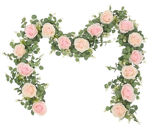 Dolicer 2Pcs 13Ft Artificial Eucalyptus Garlands with Flowers - 8 Roses, Faux Floral Greenery Garlands Fake Flowers Vines for Wedding Table Centerpieces Arch Party Ceremony Backdrop Decor (Pink)