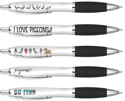 DV DESIGN Set di 5 penne nere a forma di piccioni con uccellini, divertenti giochi di parole, animali domestici, articoli di cancelleria per la scuola, insegnanti, amici, ragazze, ragazzi, set di