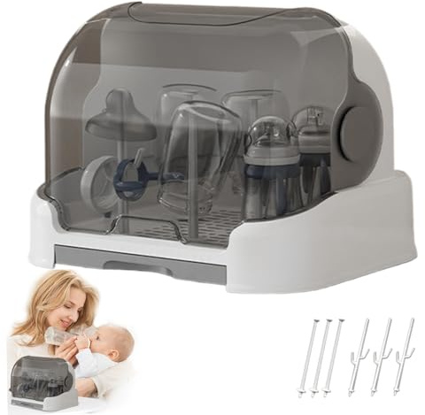 Babyflaschen Organizer, 15,7 -Zoll -Staubdicht von Babyflaschen Aufbewahrungsbox mit Deckel und abnehmbares Abflussschale, Pflege -Besteck Box, Babyflaschen -Trocknungsregal für Küchenschrank (grau)