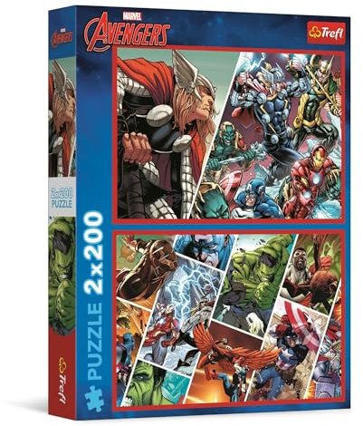 Trefl – Puzzle 2in1: Marvel The Avengers, Verteidiger der Welt - 2 x 200 Elemente - Set mit Zwei Puzzles für Teenager