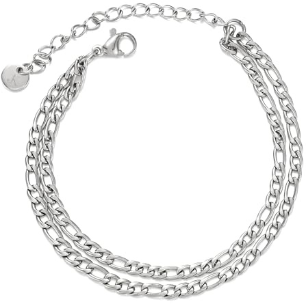 Kim Johanson® Edelstahl Damen Fußkettchen *Elda* in Silber, Gold & Roségold | Mehrreihige Fußkette | Figaro Panzer Kette | Wasserfest | Boho Schmuck für Frauen | Verstellbare Länge