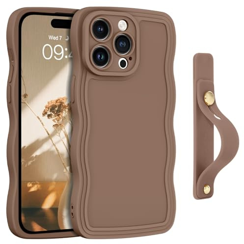 GUAGUA for iPhone 13 Pro Case with Wrist Strap, iPhone 13 Pro Wavy Phone Case, Cute Curly Wave Shape with Adjustable Wristband Kickstand Shockproof Anti Slip Phone Case for iPhone 13 Pro 6.1'', Brown