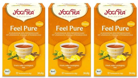 Yogi Tea Feel Pure, 3x17 Beutel (51 Teebeutel) | Ayurvedischer Bio Gewürztee, von Natur aus Koffeinfrei, mit Löwenzahn, Süßholz und Zitronenschale