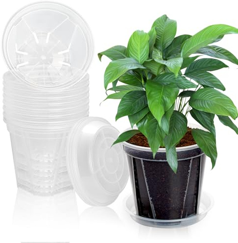 YALIOURS Durchsichtige Anzuchttöpfe mit Drainageloch,10er Pack 15cm Durchsichtige Blumentöpfe mit Untersetzer,Transparente Kunststoff-Gartentöpfe für Zimmerpflanzen im Außenbereich, Blumen,Sukkulenten