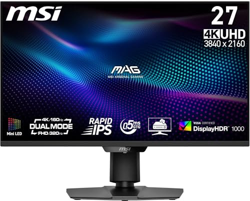 MSI, MAG 274UPDF E16M, 68,6 cm, 4K UHD, 3840 x 2160, Monitor de juego, IPS rápido, 0,5 ms, DisplayHDR 1000, Mini-LED, doble modo, HDMI 2.1, DP 1.4a, USB C (15 WPD), Inclinación/Altura ajustable, Negro