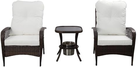AZRBOPO 3 PCS Patio Rattan Bistro Set, Outdoor Furniture Set with Soft Cushion, Glass Table with Ice Bucket, All Weather Outdoor Patio Porch Furniture Sets
